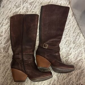 Kork-Ease Natalya Brown Leather Wedge Heel Tall Riding Boots